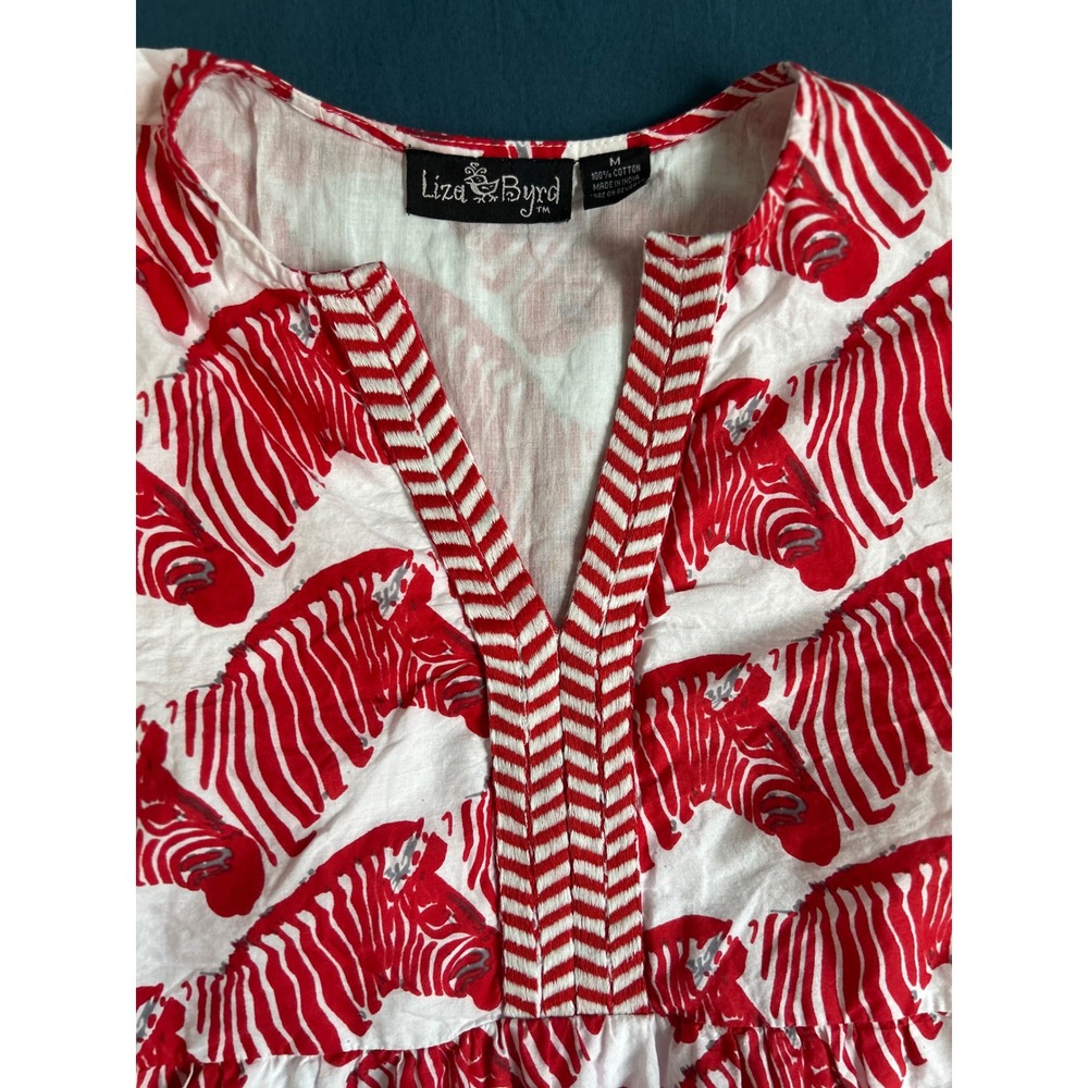 Liza Byrd Red White Zebra Print Cotton Maxi Dress Long Sleeve Tiered V-Neck M - Picture 3 of 9